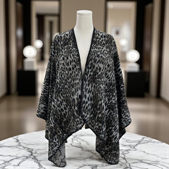 Anne Klein Leopard Wrap Cardigan OS Belted Animal Print Kimono Fall Cozy Chic - Picture 1 of 9